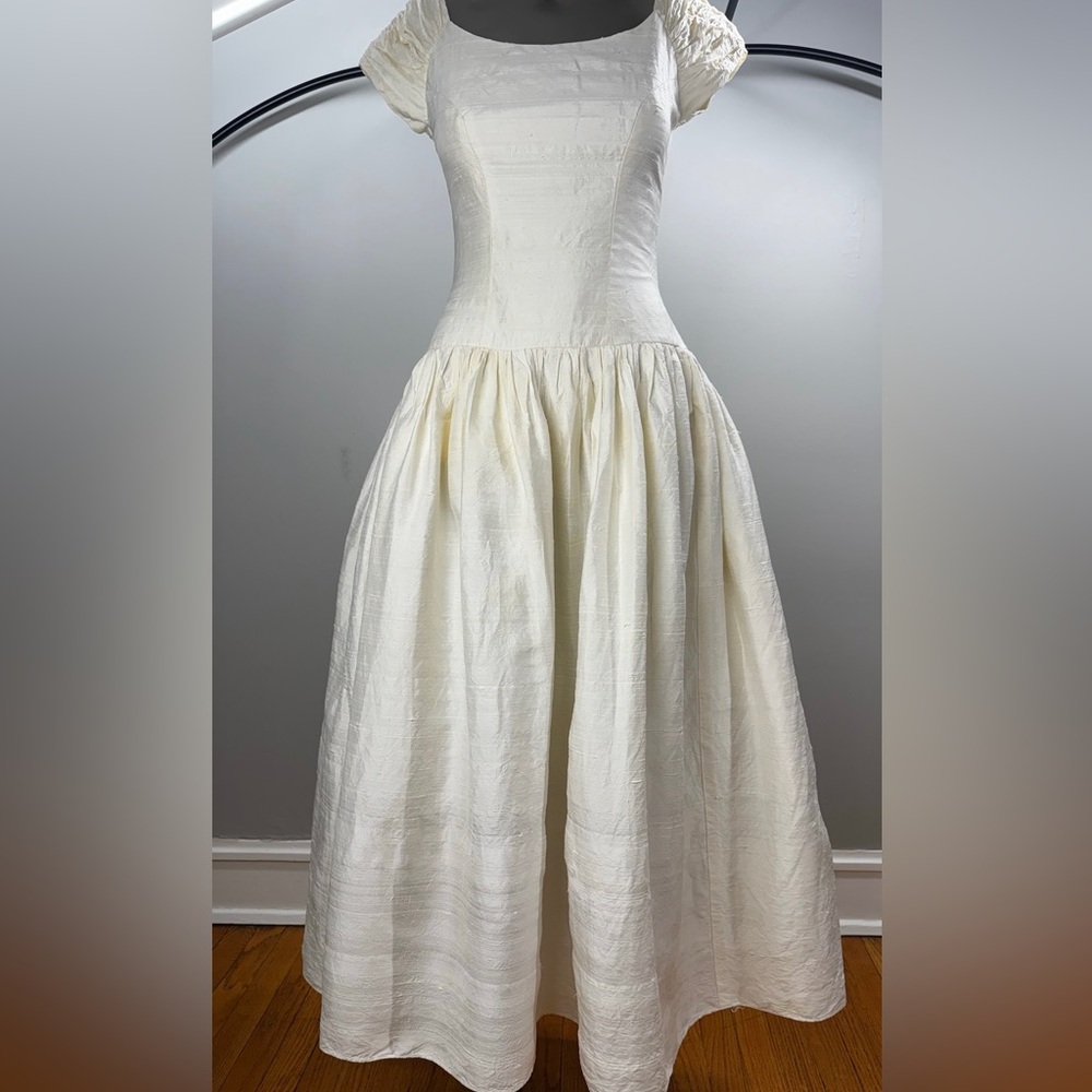 VTG CHRISTIAN DIOR Silk Wedding Dress W/ Gathered Sleeves + Button Back 26”W - Picture 7 of 13